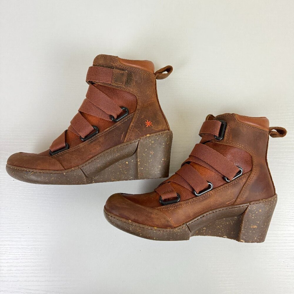 EUC ART Mix Media Wedge Heel Leather Ankle Boots
